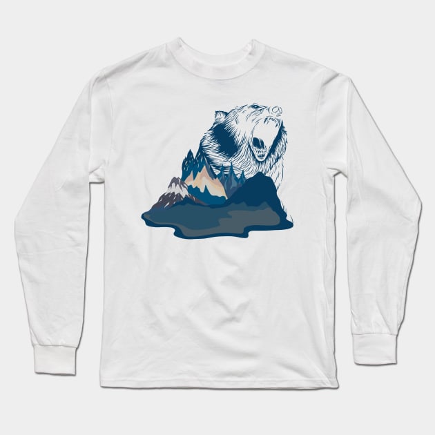 Bear Roaring in Blue Mountain Landscape | Gift Idea for Travelers who love Hiking or Camping | Wanderlust Long Sleeve T-Shirt by mschubbybunny